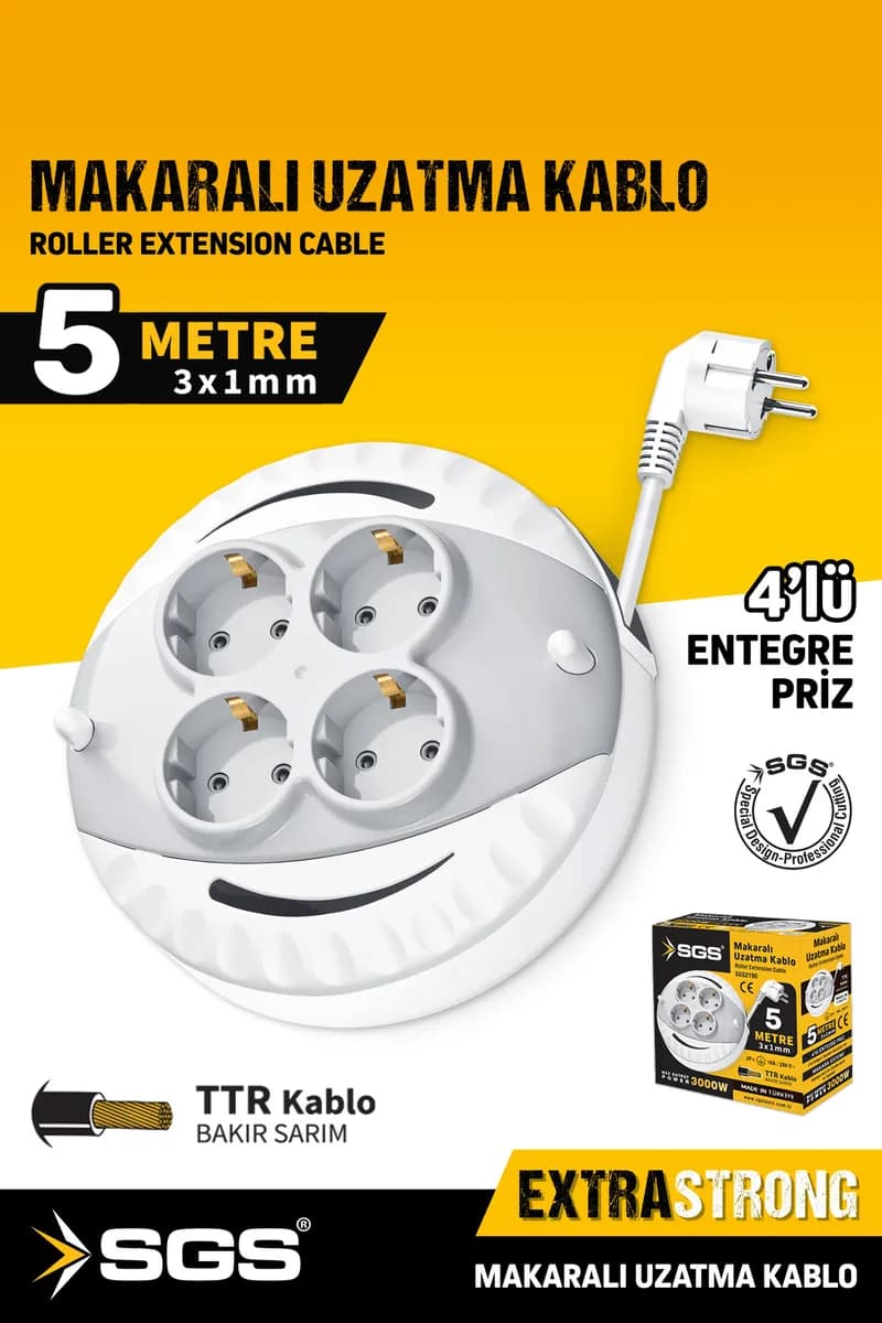 SGS2190 Makaralı Uzatma Kablosu 4'lü 5 Metre 3x1 mm 3000 Watt